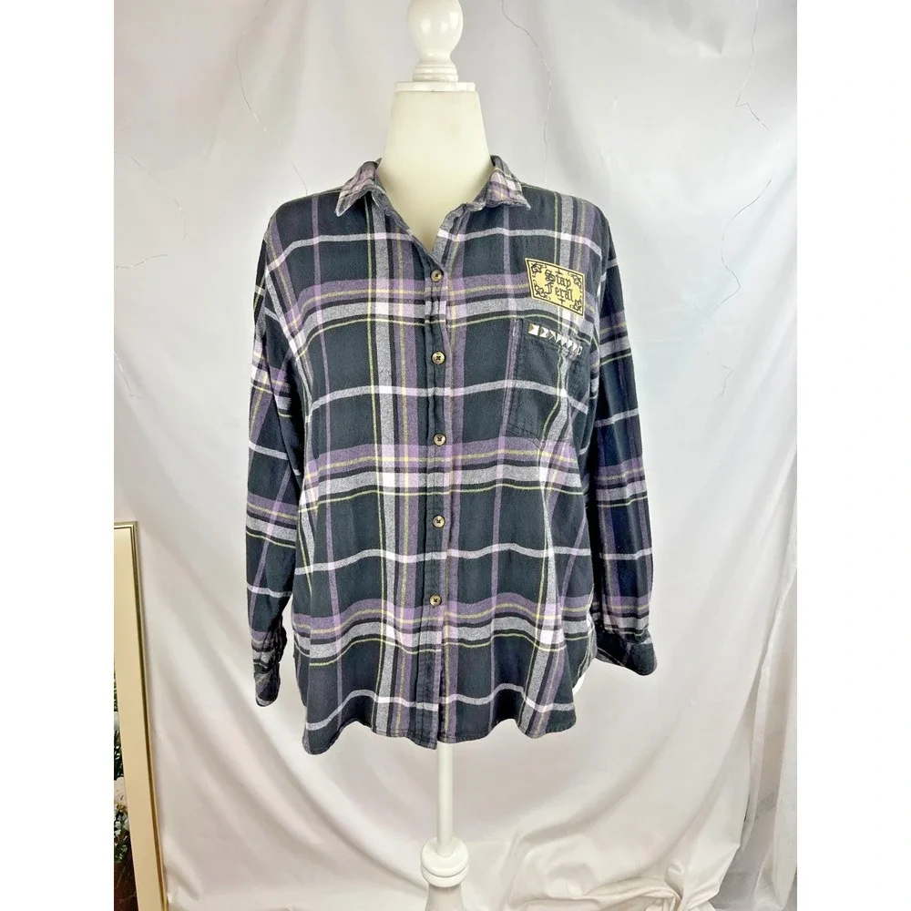 Sonoma Black and Purple Plaid Flannel with Back Graphic Patch - Picture 2 of 9